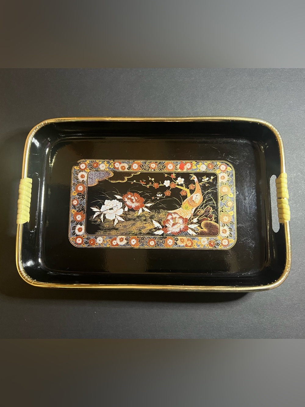 Vintage Japanese Lacquerware Black & Gold Floral Peacock Serving Tray 10.75 x 7"